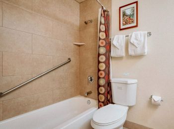 A bathroom with a bathtub, shower curtain, toilet, two towel racks with towels, a picture frame on the wall, and a toilet paper holder.