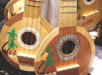 The image shows several Hawaiian-themed stringed instruments with palm tree designs, decorated with text "Hawaii," displayed at a market or shop.