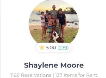 A family photo on a beach with a rating of 5.00 from 279 reviews, under the name Shaylene Moore with 1168 reservations and 137 items for rent.