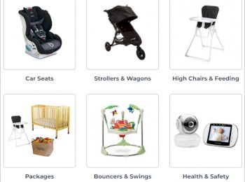 This image shows six categories of baby products, including Car Seats, Strollers & Wagons, High Chairs & Feeding, Packages, Bouncers & Swings, and Health & Safety.